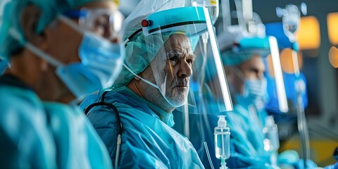 Doctors in PPE save senior patient in ER with IV drips connected. Concept Emergency Room, Critical Care, Senior Patient, Doctors in PPE, IV Drips