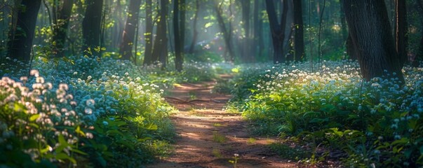 Sunlit forest path with wildflowers