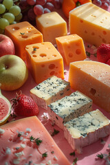 Professional Cheese Packshot in the Style of Perfume Packshot on Pink Background, Light Reflections, Hard Shadow, Super Modern, Shot in Studio