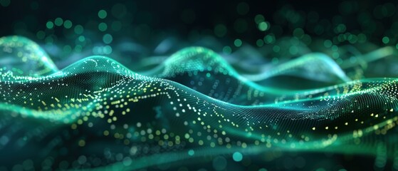 Digital green waveforms, abstract technology background, isolated on dark background, copy space