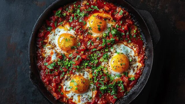 Delicious Shakshuka with Poached Eggs in Cast Iron Skillet