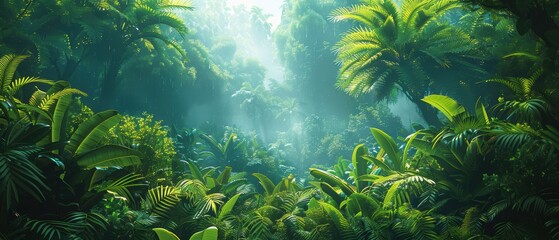 Obraz premium Digital jungle scene with dense, vivid greenery