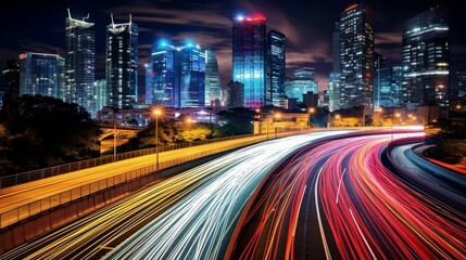 Fototapeta premium Urban Nightscape Featuring Speeding Light Streaks and Tall Buildings. Generative AI
