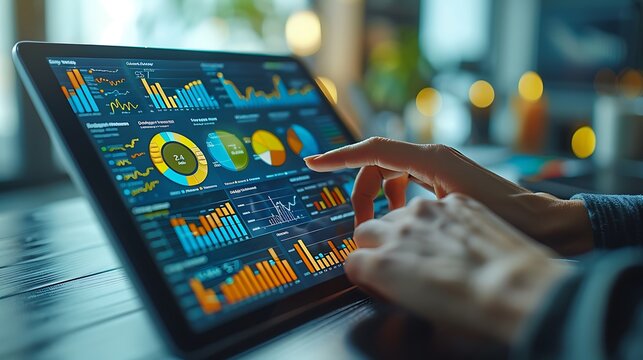 Two hands in a close-up shot interacting with a tablet displaying various data charts, with scattered analytic reports in the background.