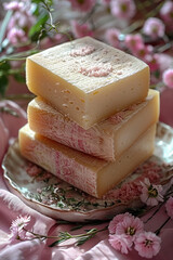 Professional cheese packshot, in the style of a perfume packshot, on a pink background with light reflections and hard shadows, super modern, shot in studio