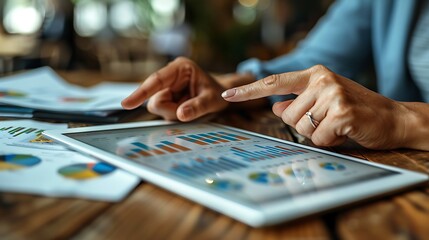 Two hands in a close-up shot pointing at a tablet screen showing detailed analytical graphs, with scattered papers in the background, indicating a busy work environment.