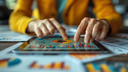 Fototapeta premium Two hands in a close-up shot working on a tablet displaying business metrics, surrounded by various scattered documents and reports.