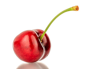 One sweet cherry berry, macro, isolated on white background.