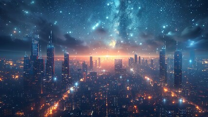 Night skyline of a futuristic city with skyscrapers and a starry sky