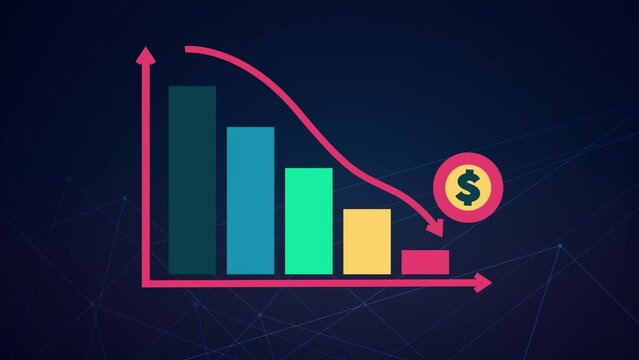 3D animation of going downward bar chart falling stock index Graph arrow showing fluctuate trend Tickers Changing Motion Background decline decrease losses