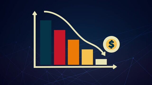 3D animation of going downward bar chart falling stock index Graph arrow showing fluctuate trend Tickers Changing Motion Background decline decrease losses