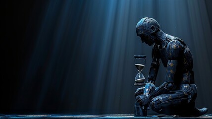 Robot kneeling holding hourglass in dramatic lighting