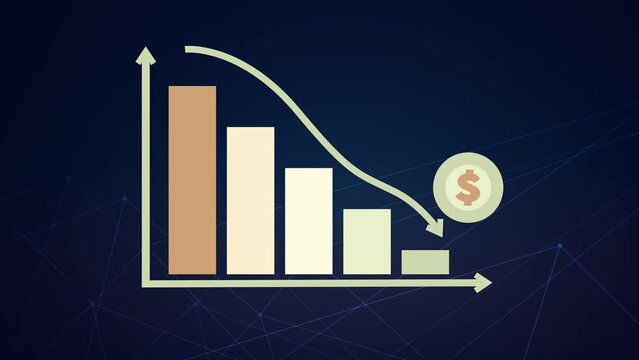 3D animation of going downward bar chart falling stock index Graph arrow showing fluctuate trend Tickers Changing Motion Background decline decrease losses