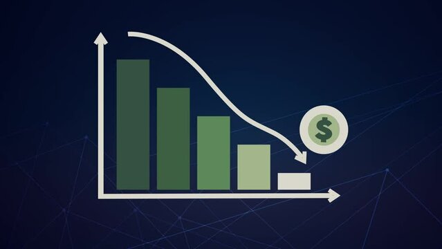 3D animation of going downward bar chart falling stock index Graph arrow showing fluctuate trend Tickers Changing Motion Background decline decrease losses