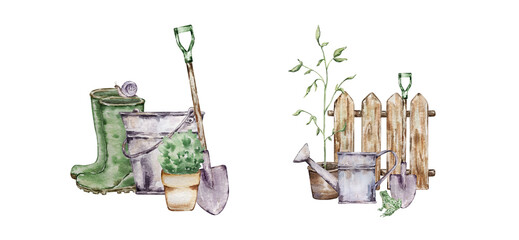 Watercolor Garden illustrations set with gardening tools