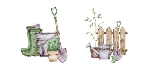 Watercolor Garden illustrations set with gardening tools