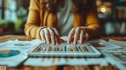Fototapeta premium Two hands in a close-up shot working on a tablet showing financial graphs, with scattered financial documents and papers in the background, capturing the essence of a financial discussion.