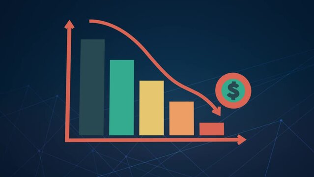 3D animation of going downward bar chart falling stock index Graph arrow showing fluctuate trend Tickers Changing Motion Background decline decrease losses