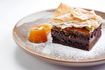 Fancy Plate of Cardamom and Espresso Brownie Cake with Salted Caramel