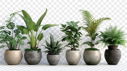 Obraz premium A collection of lush green houseplants in stylish pots, isolated on a transparent PNG background, ideal for minimalist interior design in a cozy bedroom or living room.