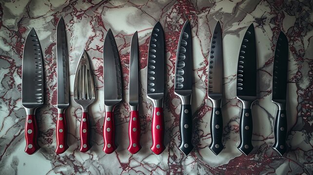 Variety Of Kitchen Knives Arranged On A Marble Background