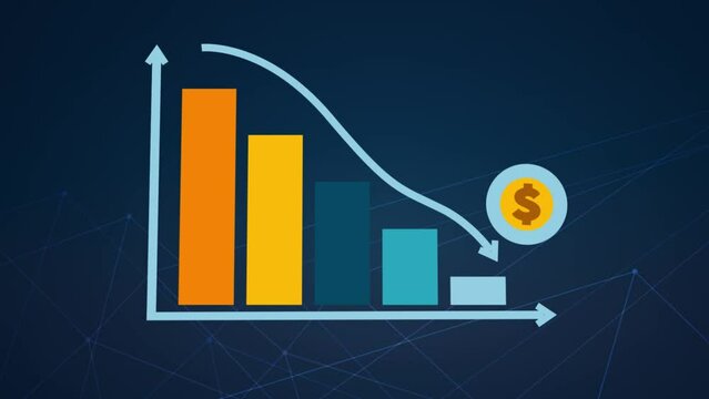 3D animation of going downward bar chart falling stock index Graph arrow showing fluctuate trend Tickers Changing Motion Background decline decrease losses