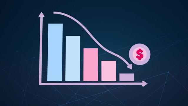 3D animation of going downward bar chart falling stock index Graph arrow showing fluctuate trend Tickers Changing Motion Background decline decrease losses