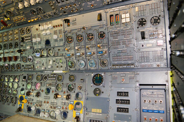 close up shot on helicopter console inside cockpit. Levers, parts and control buttons in the cockpit of an aircraft. © Sana Baleia