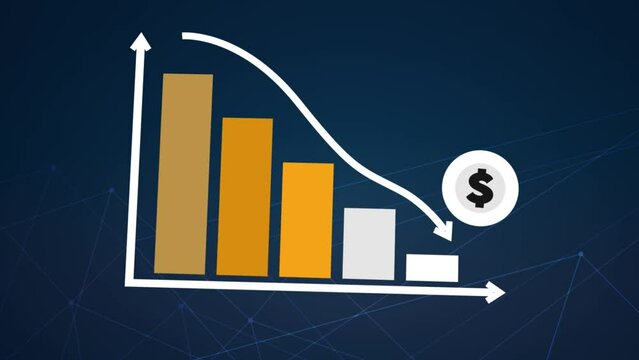 3D animation of going downward bar chart falling stock index Graph arrow showing fluctuate trend Tickers Changing Motion Background decline decrease losses
