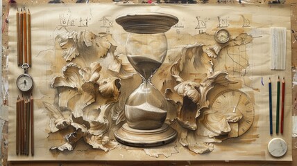 Detailed hourglass sketch with drawing tools