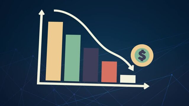 3D animation of going downward bar chart falling stock index Graph arrow showing fluctuate trend Tickers Changing Motion Background decline decrease losses