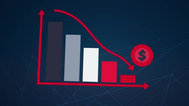3D animation of going downward bar chart falling stock index Graph arrow showing fluctuate trend Tickers Changing Motion Background decline decrease losses