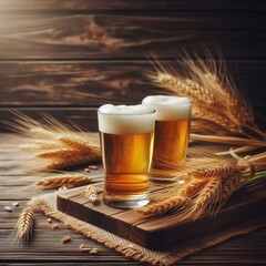 Glasses of light beer with spikelets of barley on the wooden background.  Copy space for text