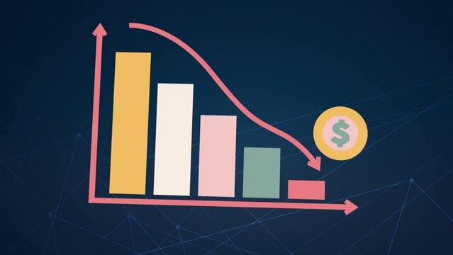 3D animation of going downward bar chart falling stock index Graph arrow showing fluctuate trend Tickers Changing Motion Background decline decrease losses