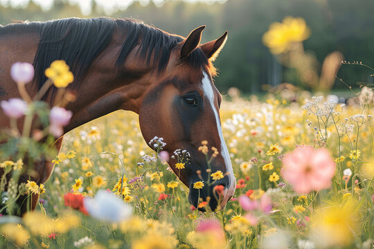 portrait of bay horse sniffling flowers in meadow

