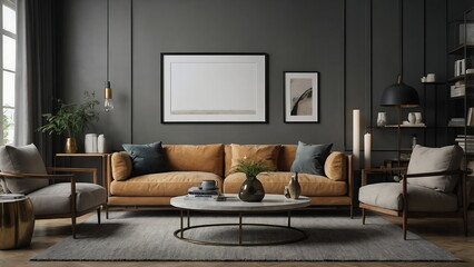 white blank mock up frame on modern living room