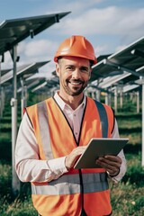 A man in an orange hard hat and safety vest is using a tablet while standing in a solar farm.

