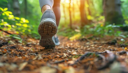 Obraz premium A person is walking through a forest with their feet in the dirt