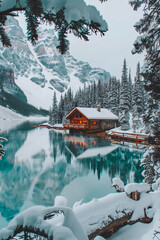Obraz premium Beautiful view of Emerald Lake with snow covered and wooden lodge glowing in rocky mountains and pine forest on winter 