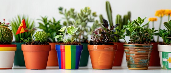 Fototapeta premium Diverse potted plants with flags of the world, , crisp white background, ample space for text