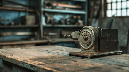 Vintage angle grinder with a worn metal body and exposed gears, placed on a rustic workbench, representing durable and reliable tools