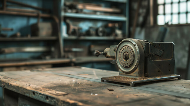 Vintage angle grinder with a worn metal body and exposed gears, placed on a rustic workbench, representing durable and reliable tools