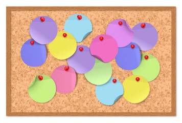 rounded colored post its with red pins in a corkboard