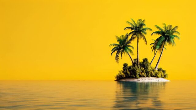 minimalistic tropical island with palm trees on water, large empty spac for text, ideal for travel, tourism, and beach vacation promotions, copyspace