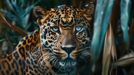 Obraz premium Close-up portrait of a jaguar in the jungle, intense eyes and vivid fur patterns. Wildlife and nature photography concept
