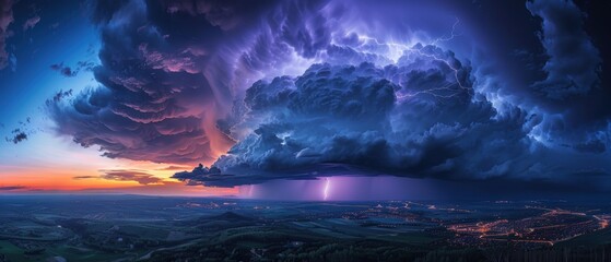 Fototapeta premium Dramatic sky with dark storm clouds and multiple lightning bolts, capturing the intensity and power of a thunderstorm, Photography, shot with a telephoto lens,