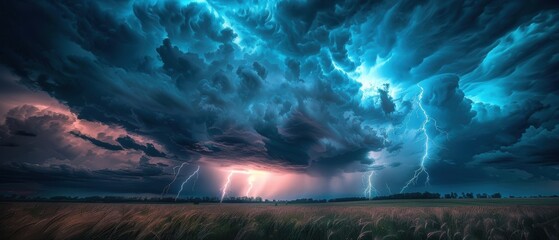 Dramatic sky with dark storm clouds and multiple lightning bolts, capturing the intensity and power of a thunderstorm, Photography, shot with a telephoto lens,