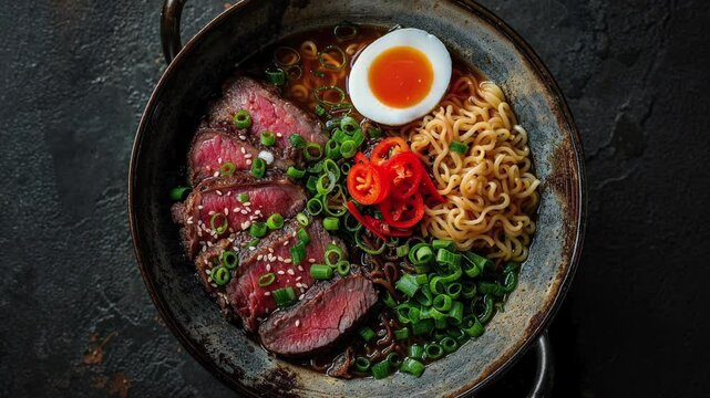 Delicious Bowl of Ramen with Beef and Soft-Boiled Egg