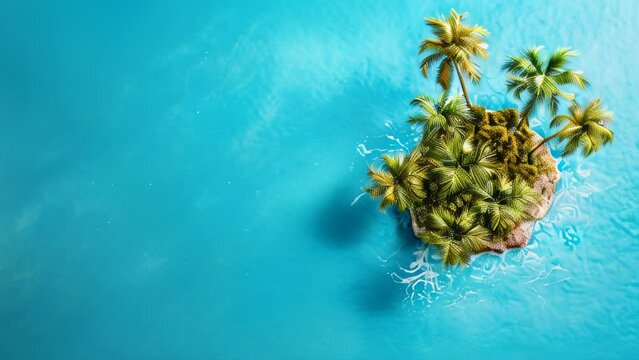minimalistic tropical island with palm trees on water, large empty spac for text, ideal for travel, tourism, and beach vacation promotions, copyspace