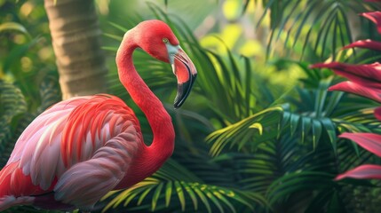 Fototapeta premium Pink flamingo in lush tropical jungle with vibrant green foliage, exotic wildlife concept